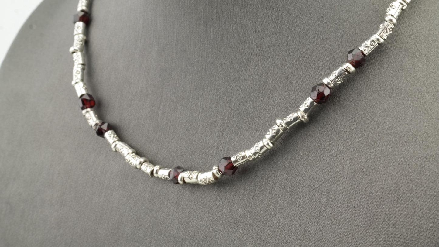 Vintage Sterling Silver and Garnet Bead Necklace