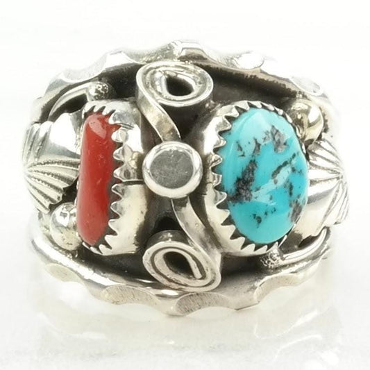 Vintage Native American Silver Ring Turquoise, Coral Leaf Sterling Blue, Red Size 10 1/2