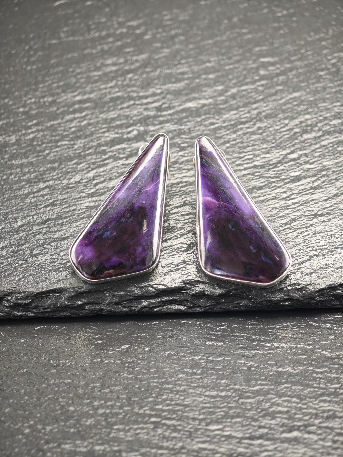 Vintage Purple Sugilite Sterling Silver Clip-On Earrings - Unique Abstract Design