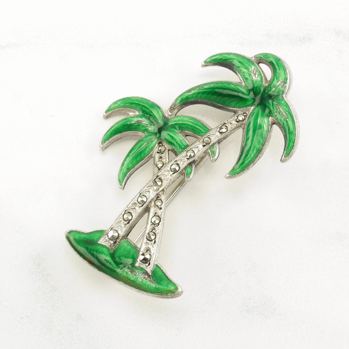 Green Enamel Silver Brooch Marcasite, Palm Tree Sterling