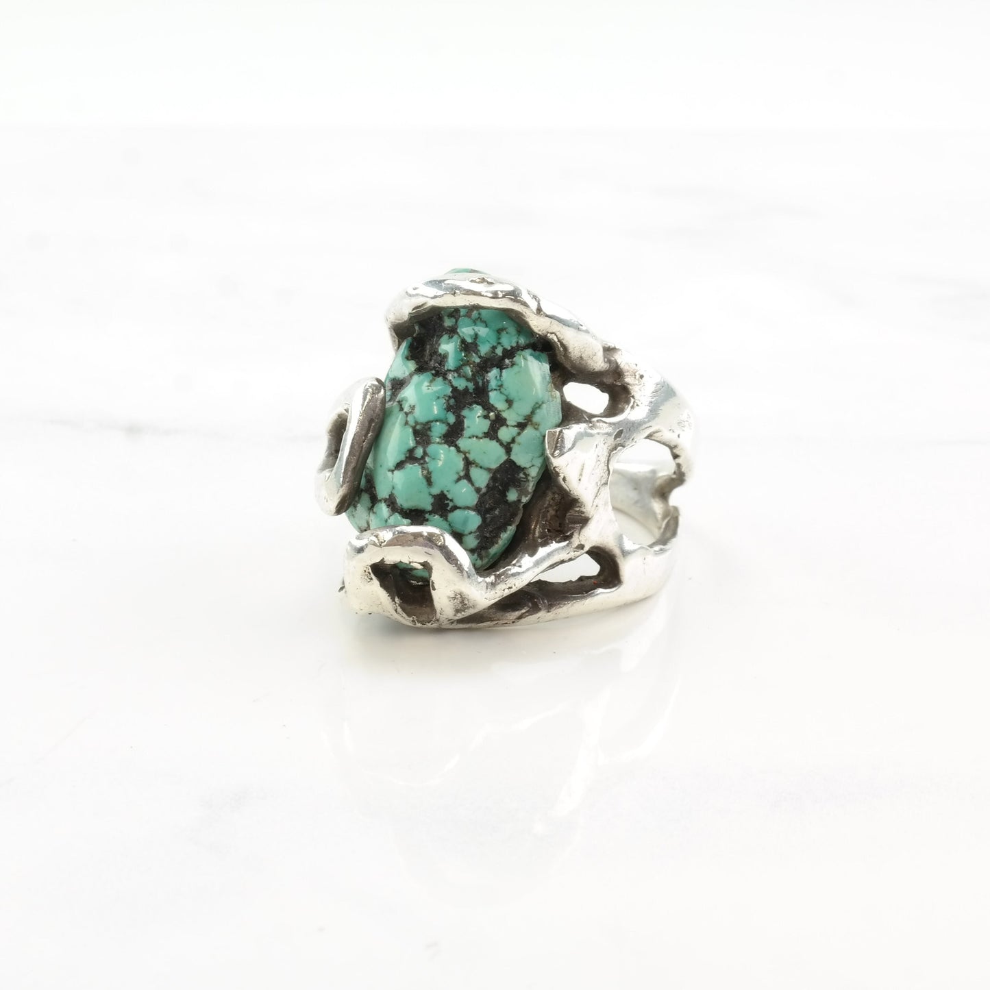 Brutalist Silver Ring Turquoise Brutalist Spiderweb Sterling Size 10 1/2