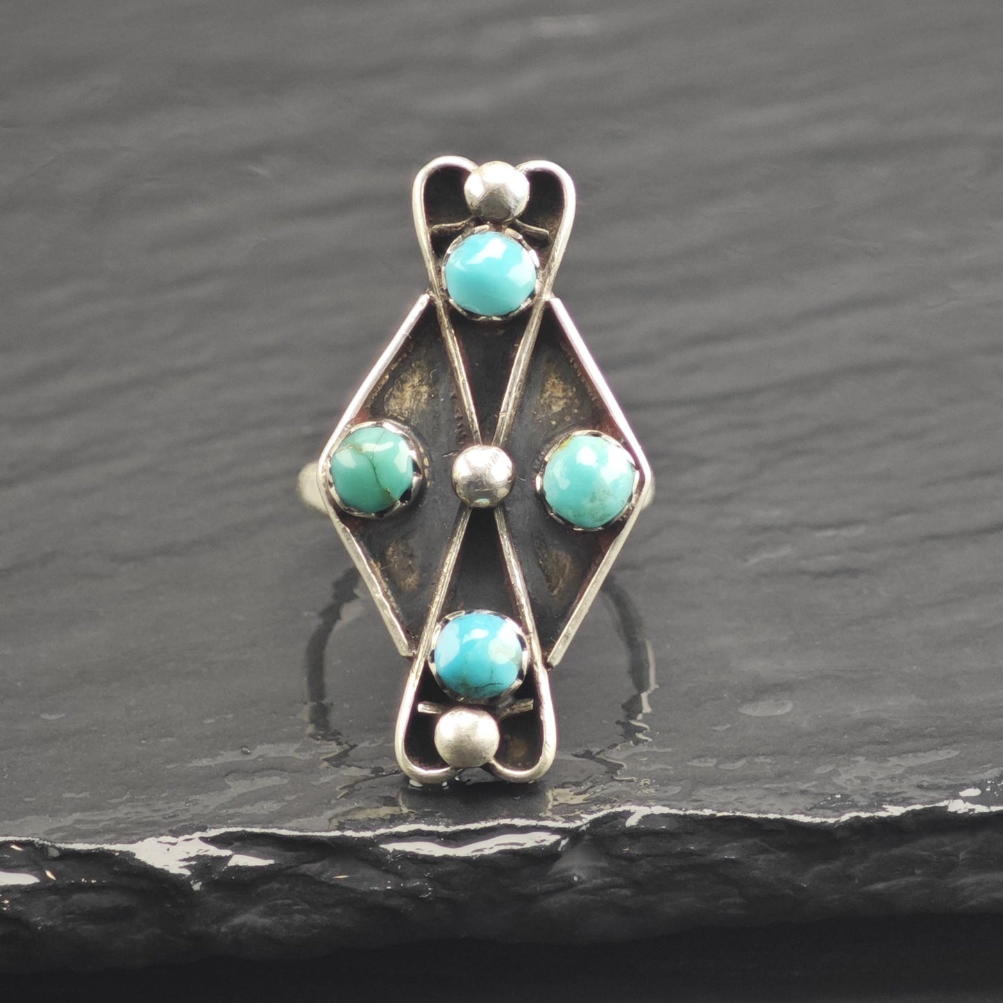 SW Turquoise Multistone & Silver Bead Sterling Silver Ring Sz 6 1/2 R6663