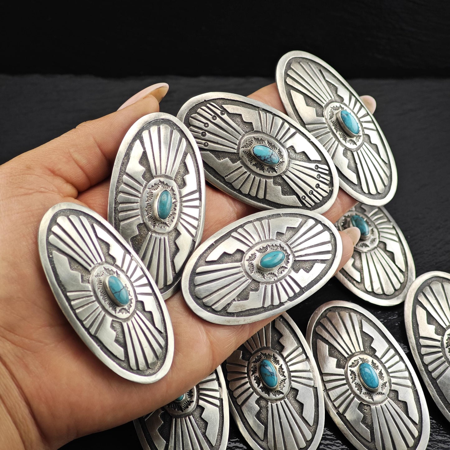 Navajo Turquoise Overlay Belt Buckle and Conchos Sterling Silver