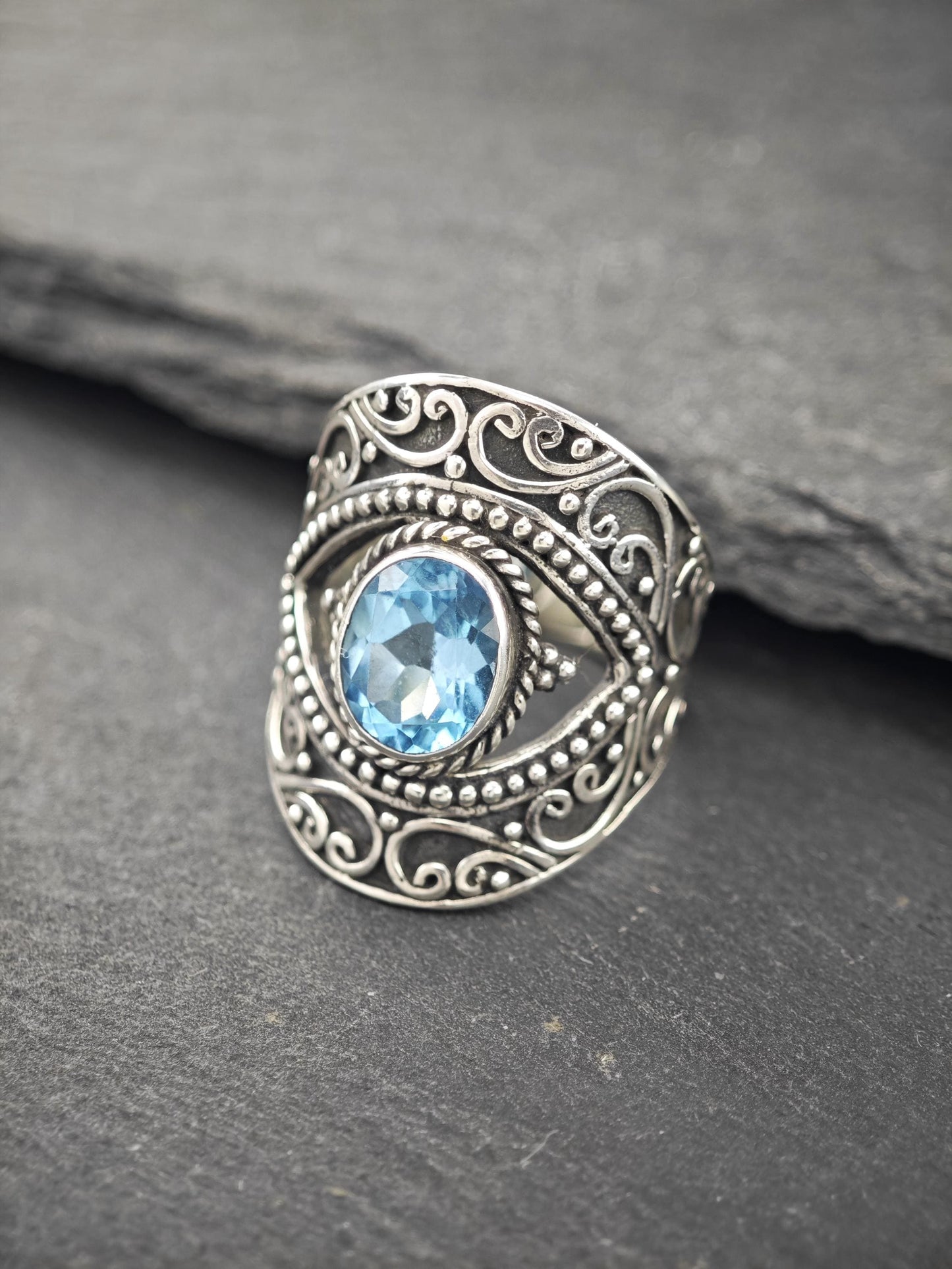 Vintage Topaz, Filigree Ring Sterling Silver