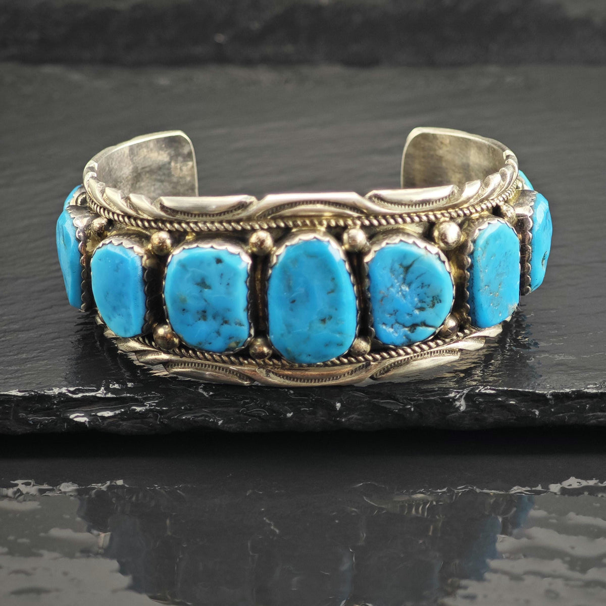 Vintage Navajo, Sleeping Beauty 9 Stone Turquoise Sterling Silver Cuff Sz 7" BR3128