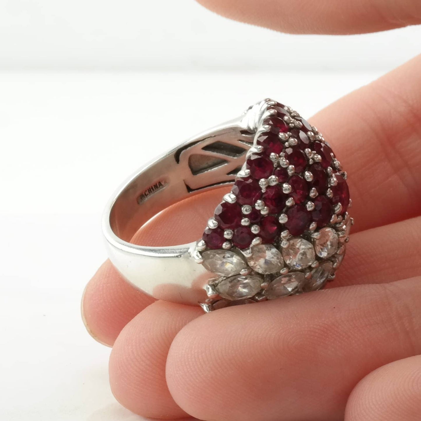 Sterling Silver Ring Lab Ruby, CZ Cluster Pink Size 7