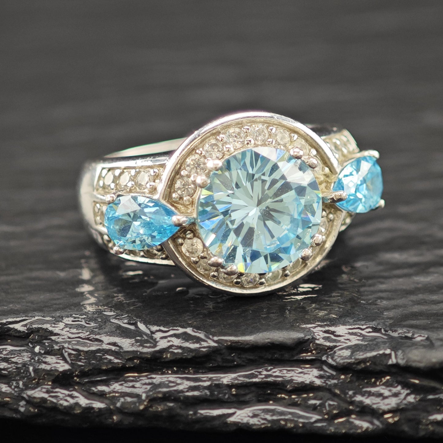 BBJ Blue CZ Sterling Silver Ring Bold Statement Stone Size 5 3/4 R6095