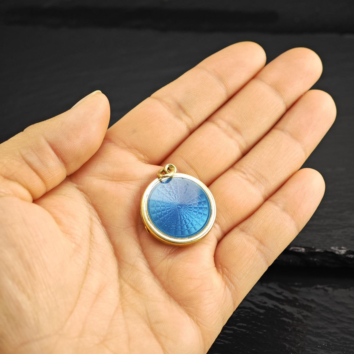 Antique Blue Enamel 14K Gold Locket Pendant Engraved R.K. P3105