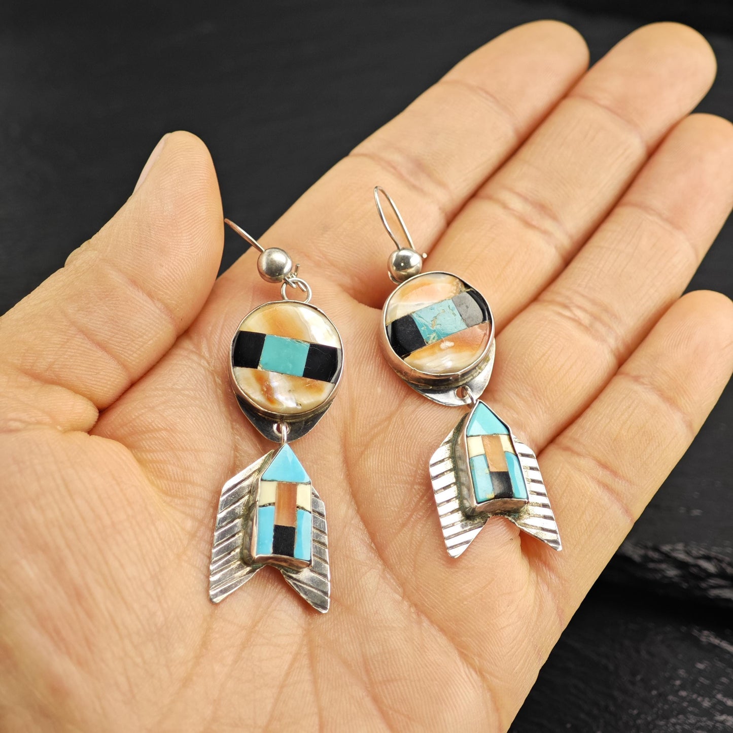 Vintage SW Style Inlay Arrowhead Kidney Wire Sterling Silver Earrings ER3198