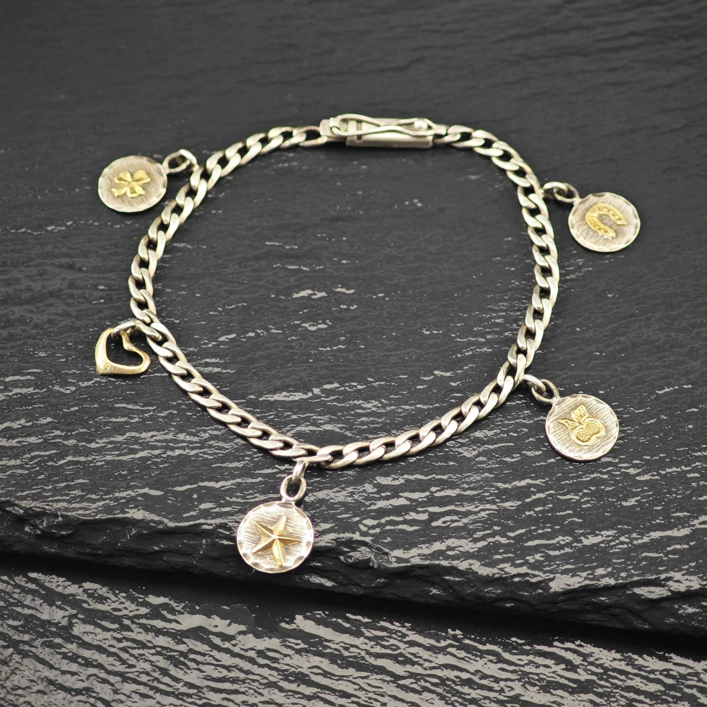 1940's Charms Bracelet 14K Gold Accents Sterling Silver Size 7 3/4"