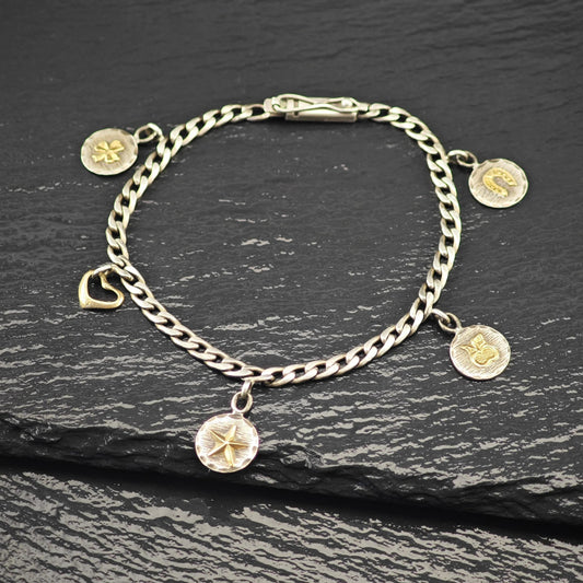 1940's Charms Bracelet 14K Gold Accents Sterling Silver Size 7 3/4"