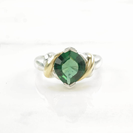 Sterling Silver Ring Green Gemstone 18K Gold Accent Size 6