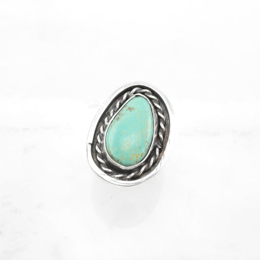 Native American Sterling Silver Ring Turquoise, Rope Border Blue Size 7