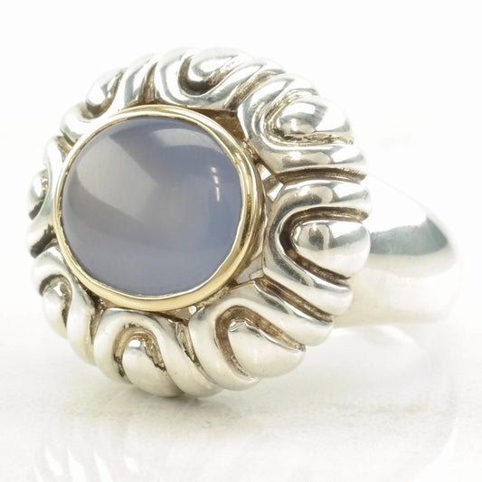 Vintage Samuel B Silver Ring Blue Chalcedony 18K Gold Sterling Size 6