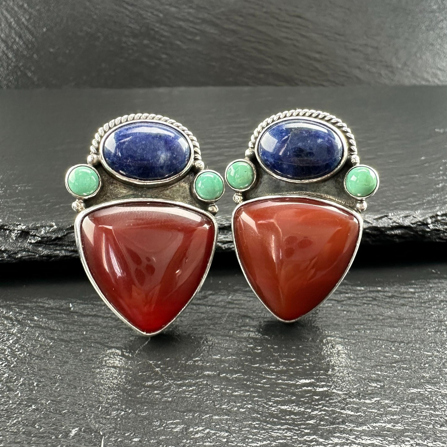 Vintage Turquoise, Sodalite Geometric Design Sterling Silver Clip-On Earrings