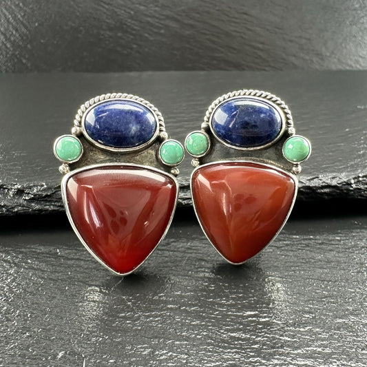 Vintage Turquoise, Sodalite Geometric Design Sterling Silver Clip-On Earrings