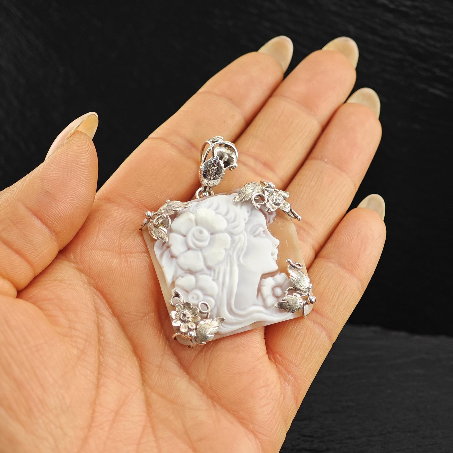 Vintage Italy Made Cameo Floral Pendant Sterling Silver