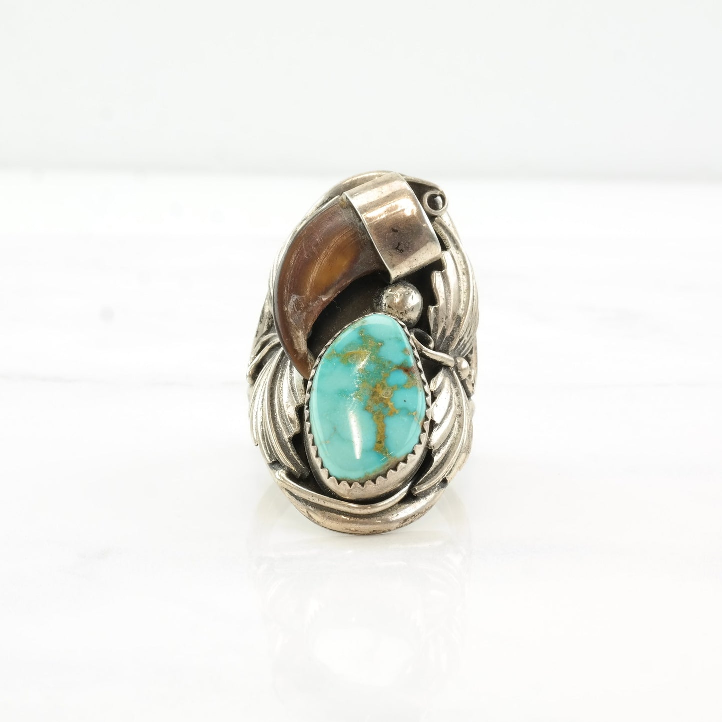 Native American Silver Ring Turquoise Leaf Sterling Size 11