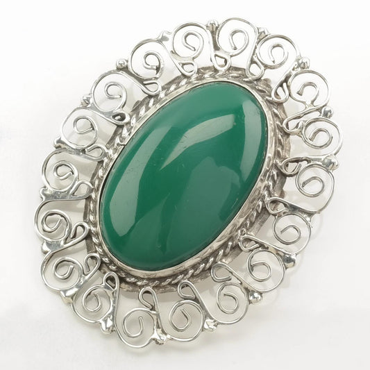 Mexican Sterling Silver Brooch Pendant Scroll Green Onyx