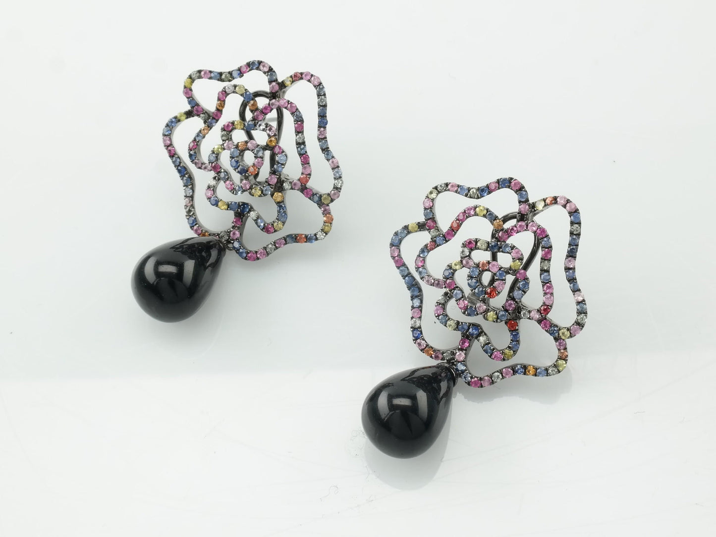 Levian Sterling Silver Multicolor Black Onyx Sapphire Floral Omega back Earrings