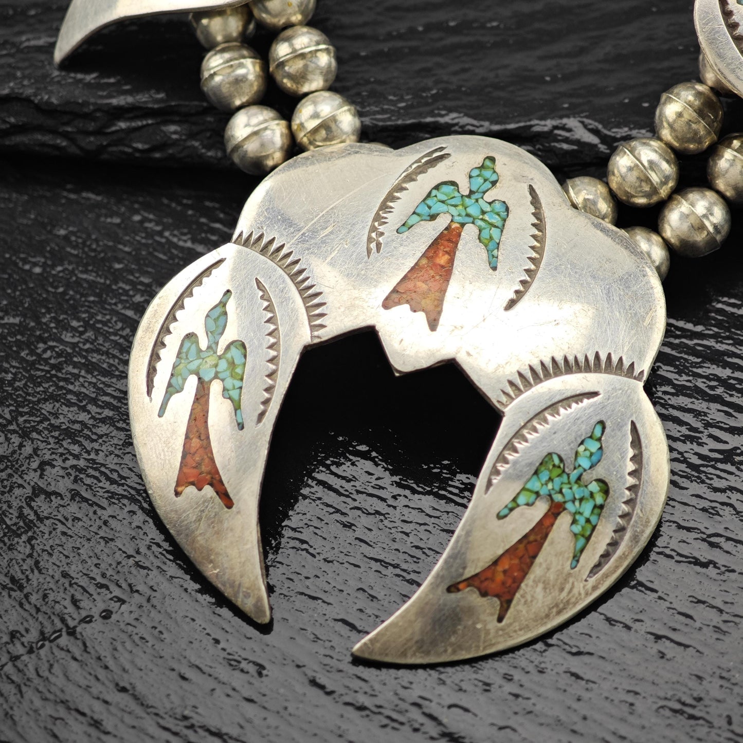 Navajo Turquoise Coral Chip Inlay Peyote Bird Squash Blossom Necklace Sterling Silver N2662