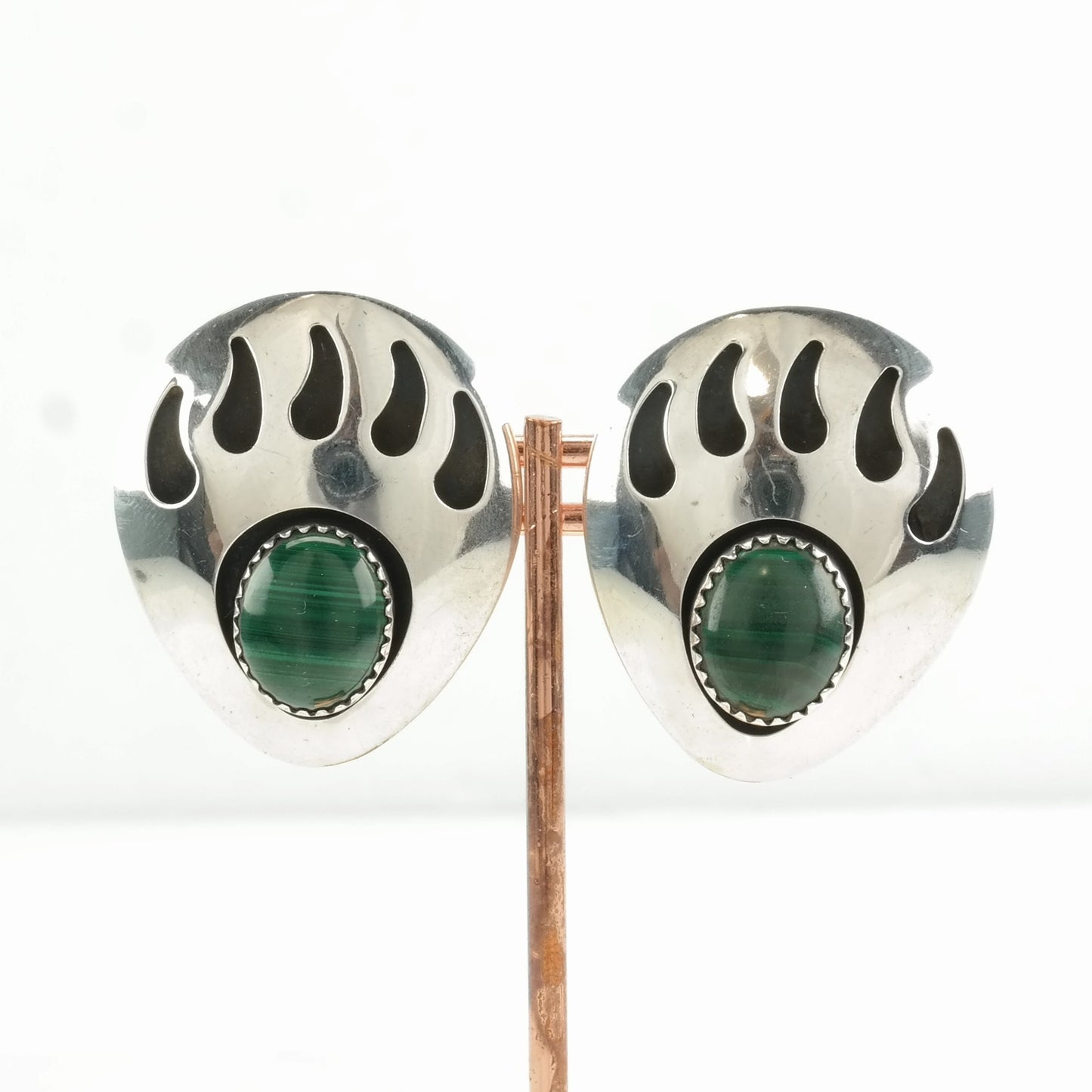 Vintage Green Malachite Bear Paw Sterling Silver Clip On Earrings