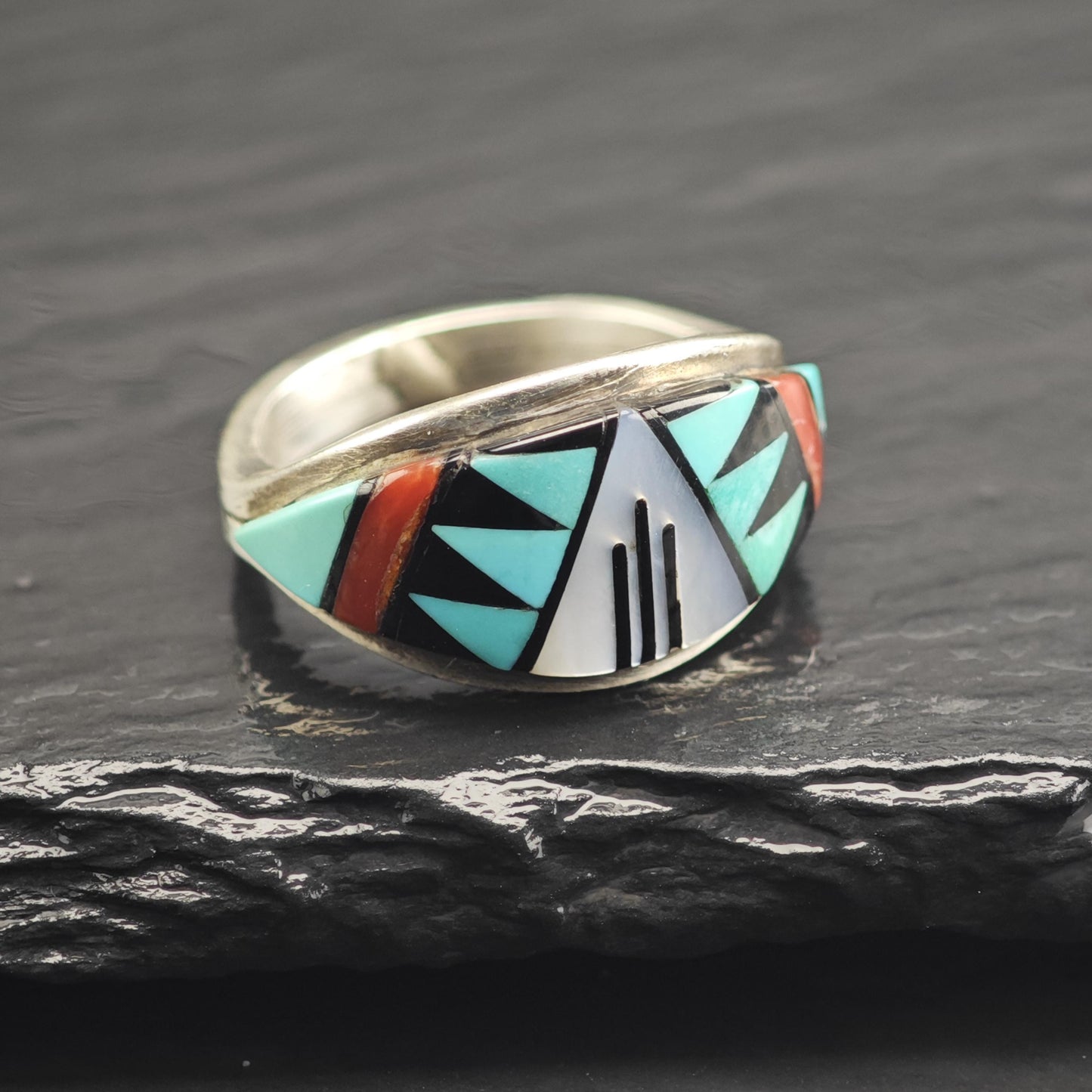 Vintage Zuni Multistone Inlay Band Sterling Silver Ring Sz 7 1/2 R6664