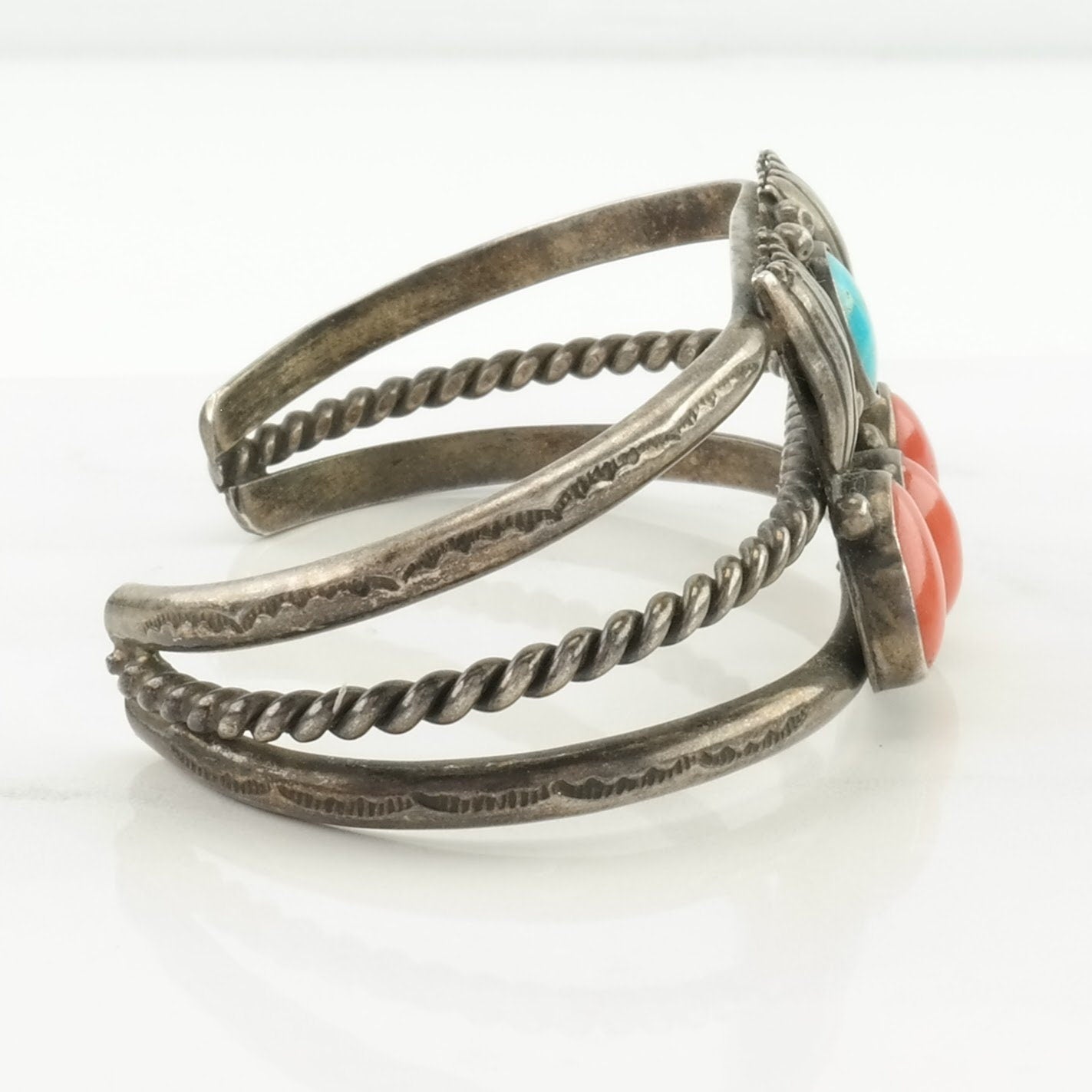 Native American Sterling Silver Cuff Bracelet Red, Blue Coral, Turquoise