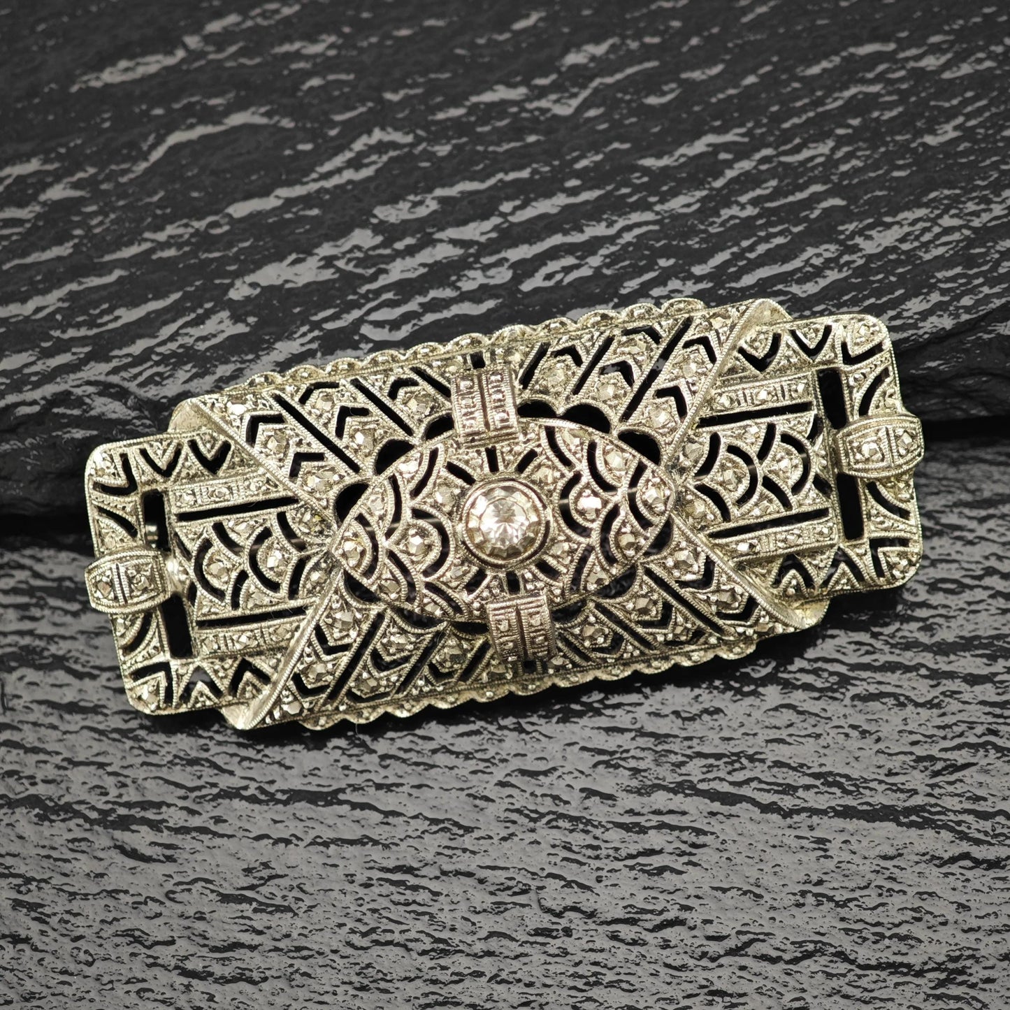 Art Deco Sterling Silver Brooch Filigree White Paste