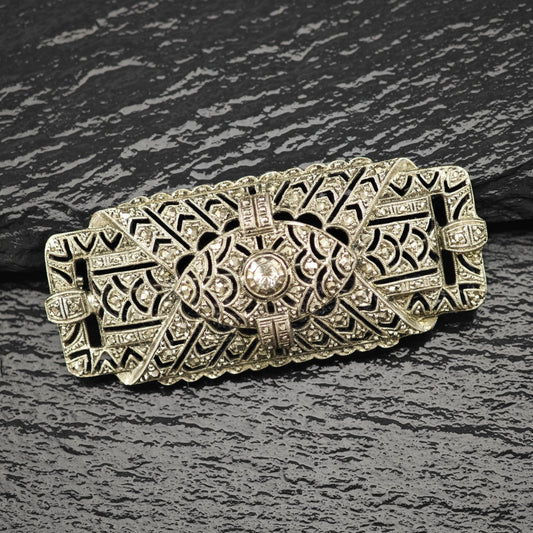 Art Deco Sterling Silver Brooch Filigree White Paste