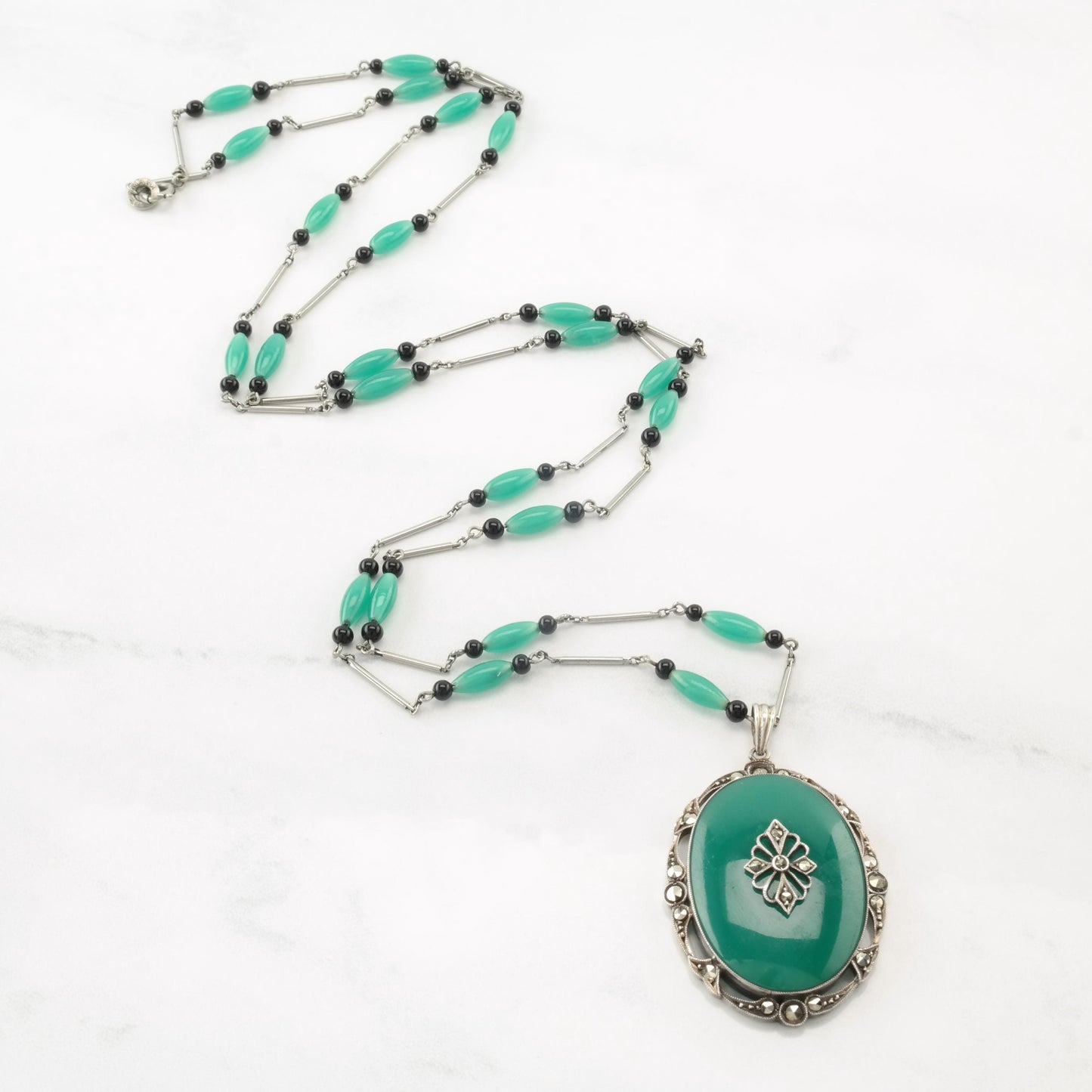 Art Deco Chrysoprase, Onyx, Marcasite Sterling Silver Necklace N2375