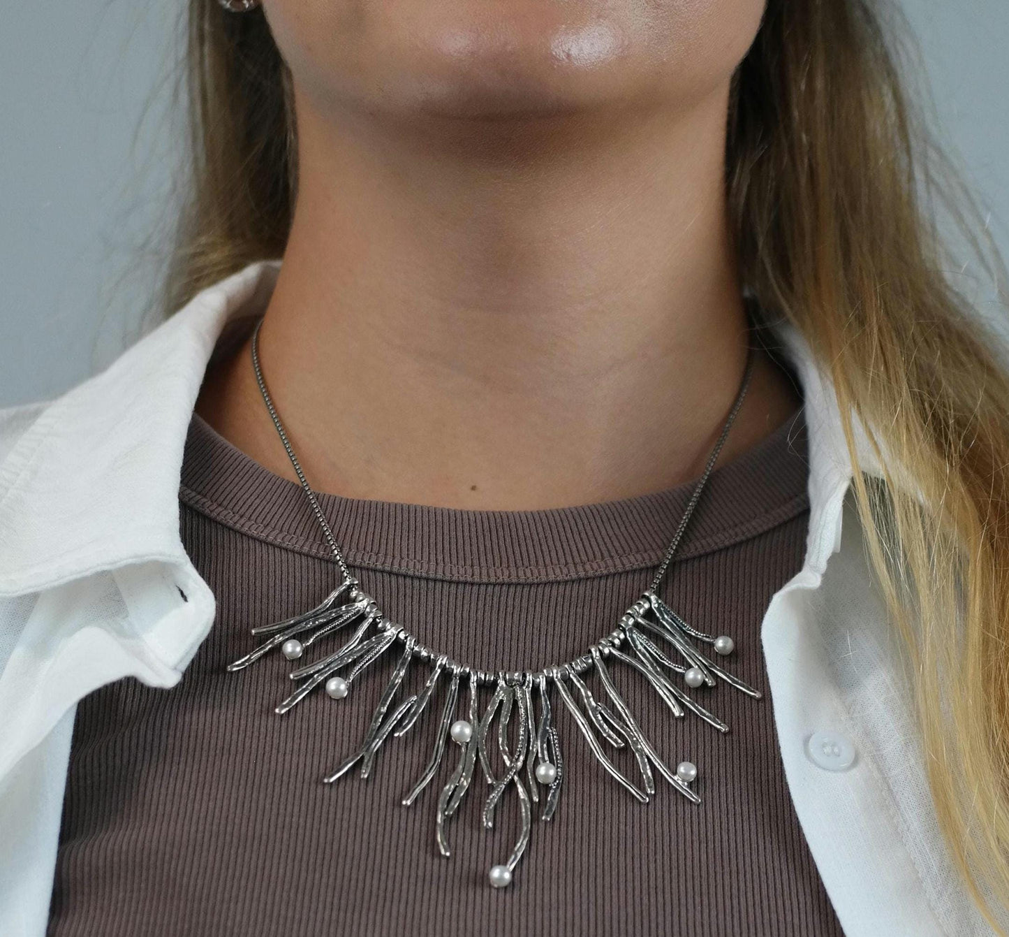 Abstract White Pearl Sterling Silver Necklace N2732