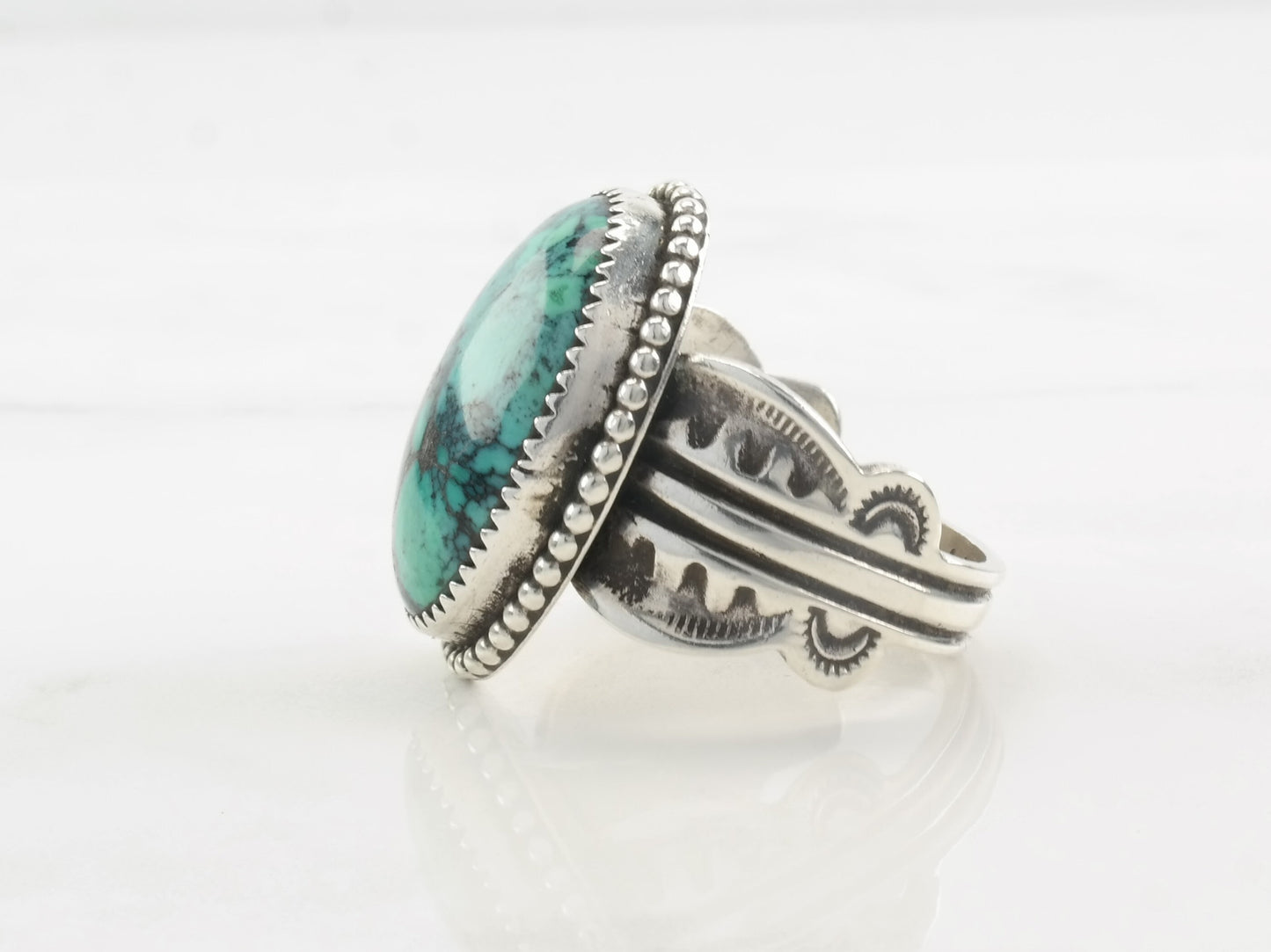 Vintage Native American Silver Ring Turquoise Oval, Stamped Sterling Size 14