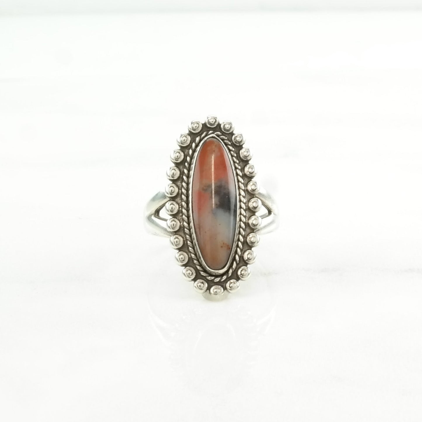 Native American Silver Ring Petrified Wood Navette Sterling Orange Size 6 1/2