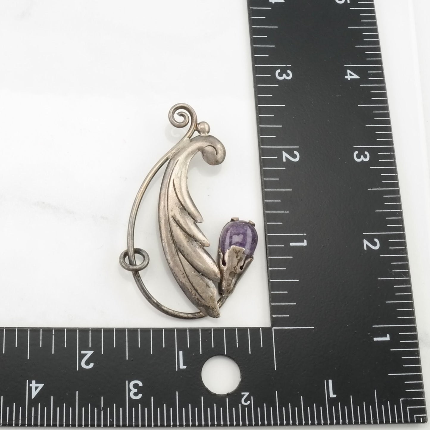 Vintage Taxco Sterling Silver Brooch Leaf Purple Amethyst