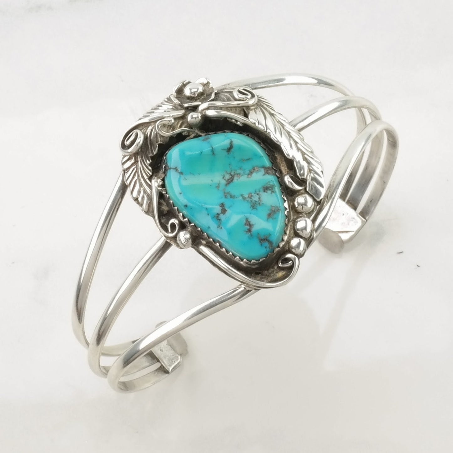 Native American Sterling Silver Cuff Bracelet Blue Turquoise Leaf, Sleeping Beauty