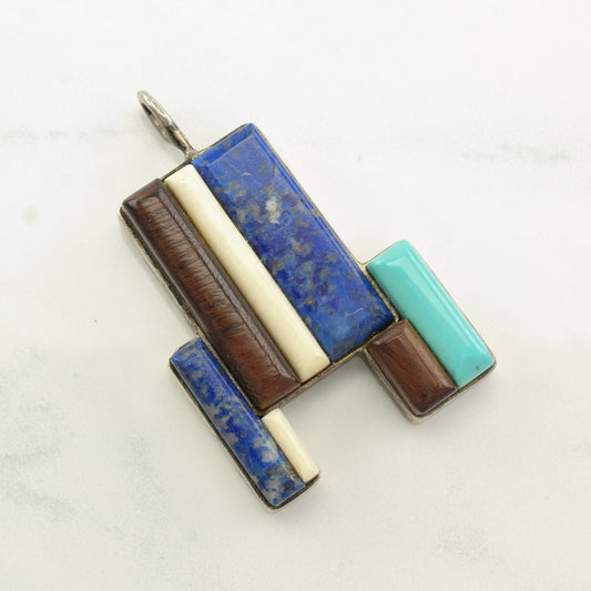 Native American Turquoise, Lapis Lazuli, Stone Cobblestone Inlay Sterling Silver Pendant