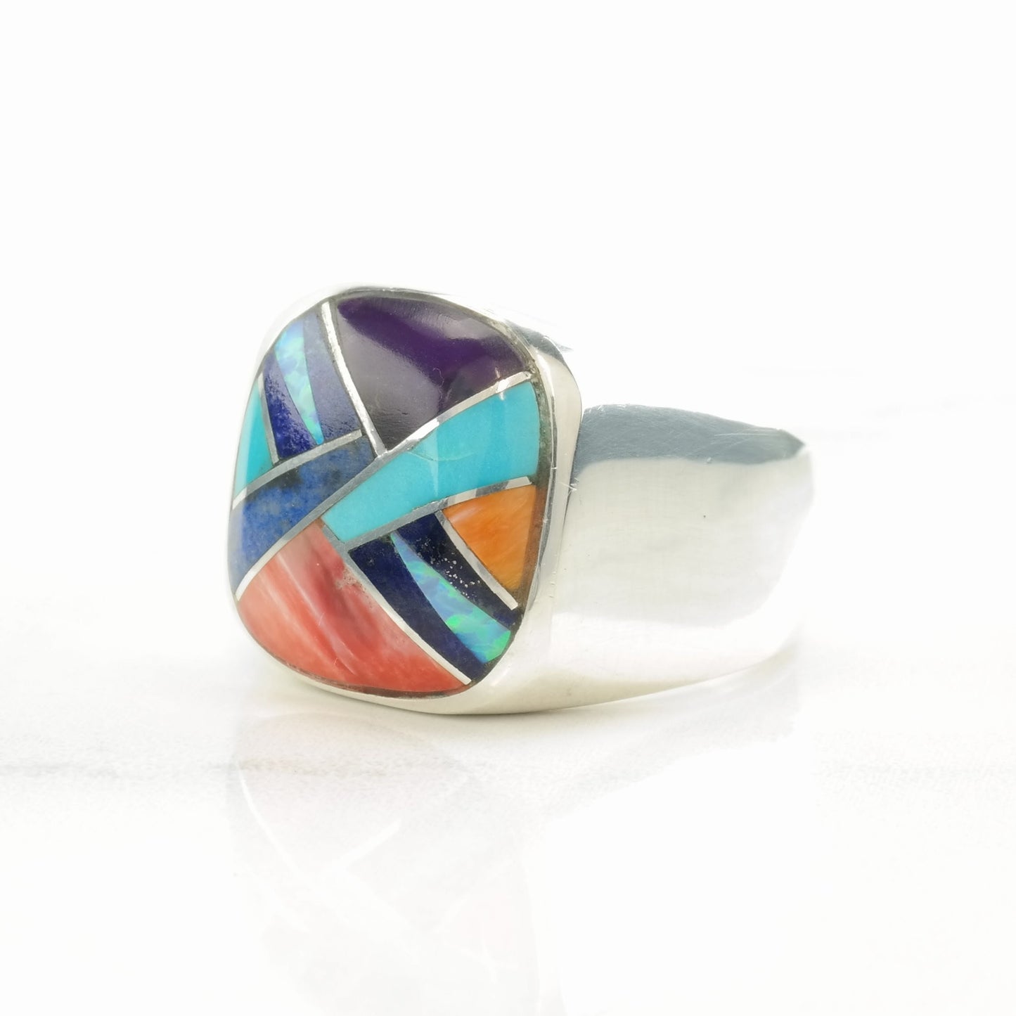 Vintage Southwest Silver Ring Multi Gemstone Inlay Sterling Size 10 3/4