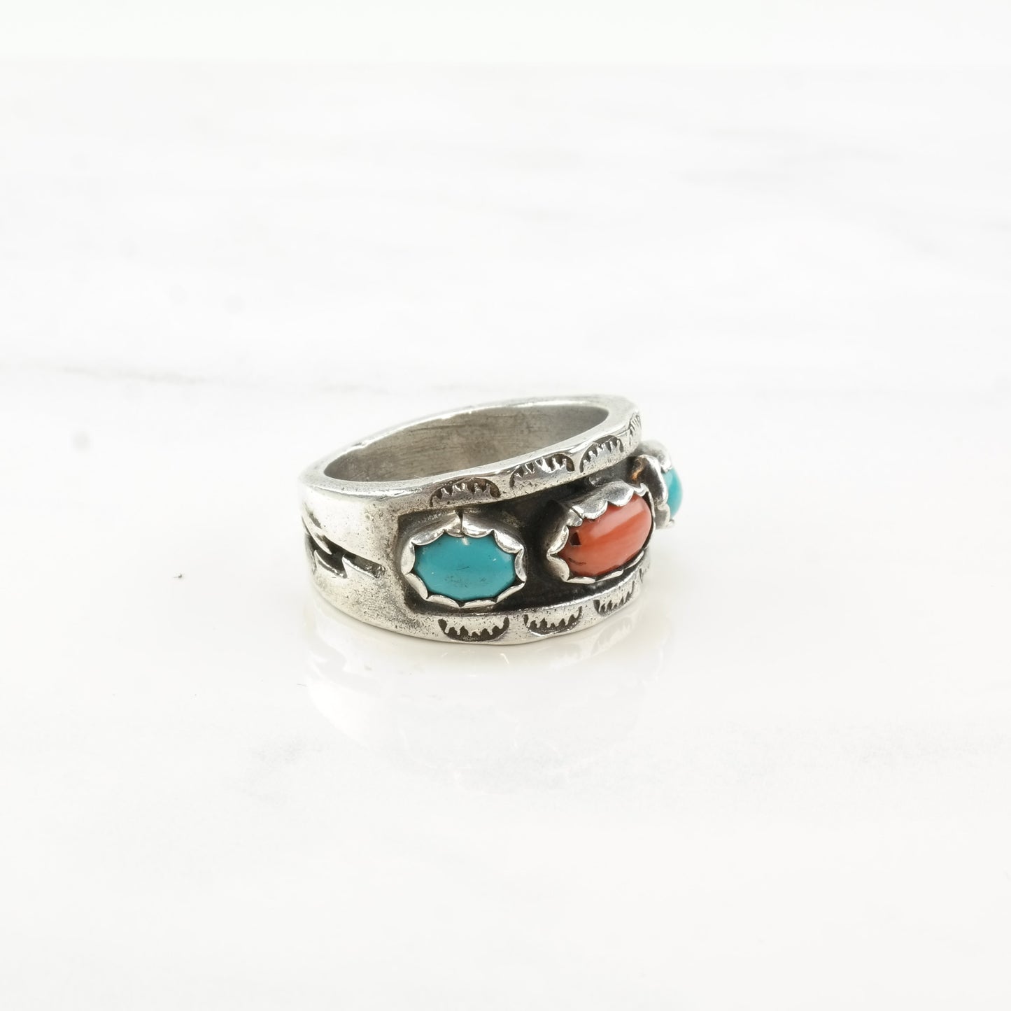 Native American Silver Ring Turquoise Coral Shadowbox Band Sterling Size 8 3/4