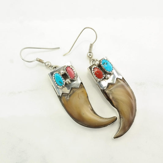 Native American Sterling Silver Turquoise, Coral Earrings Fish hook