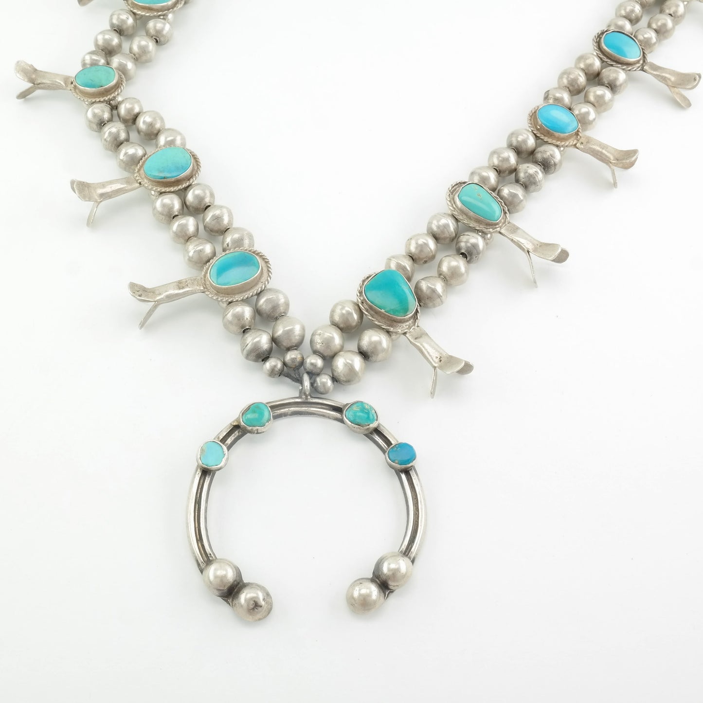 Antique Native American Sterling Silver Blue Turquoise Hand Made Beads Necklace Squash Blossom