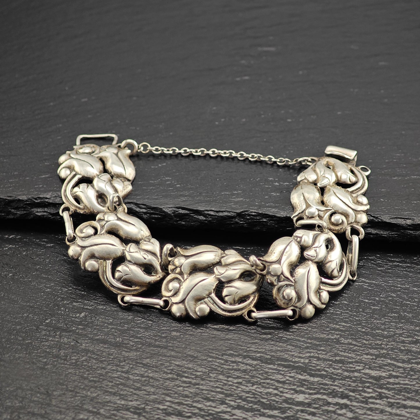 Vintage Art Nouveau Floral Link Bracelet Sterling Silver