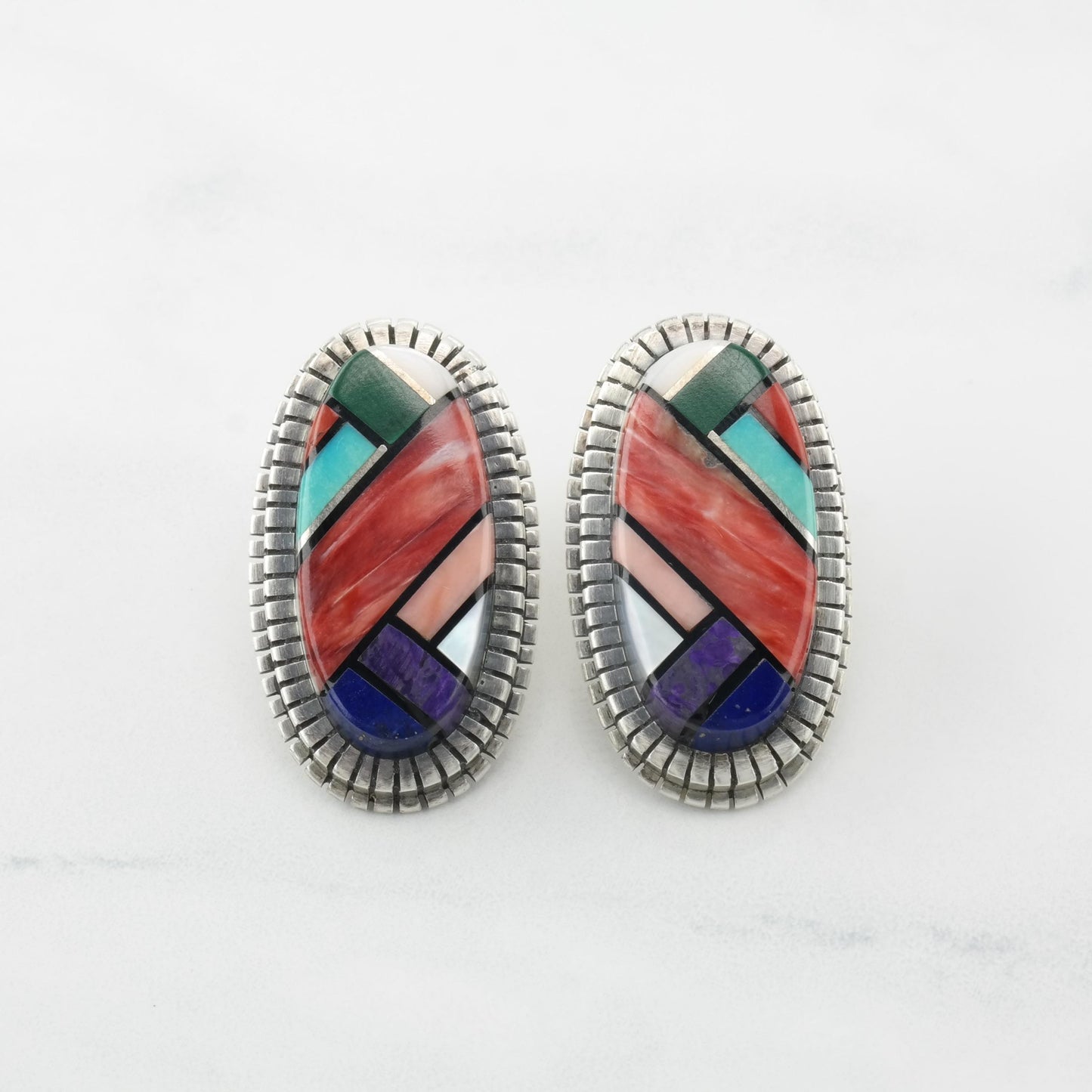 Vintage Native American Inlay Stud Earrings Sterling Silver Turquoise Spiny Oyster Lapis