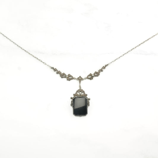 Antique Sterling Silver Black Onyx Art Deco Necklace