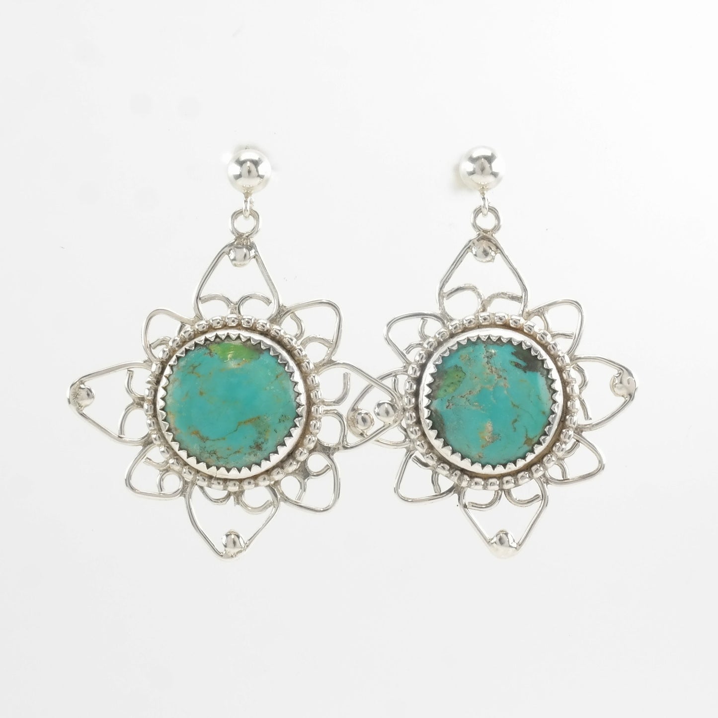 Native American Sterling Silver Blue Turquoise Floral Earrings Stud, Dangle