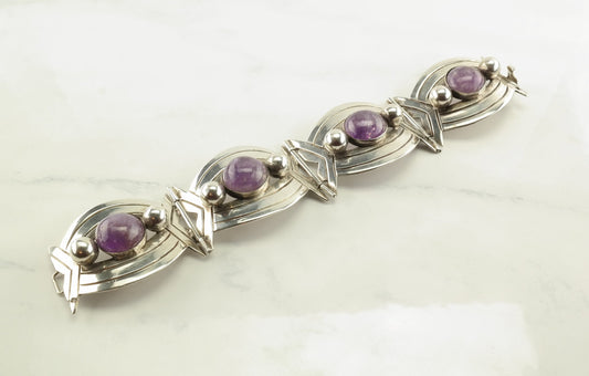 Taxco Amethyst Cabochon Sterling Silver Panel Bracelet