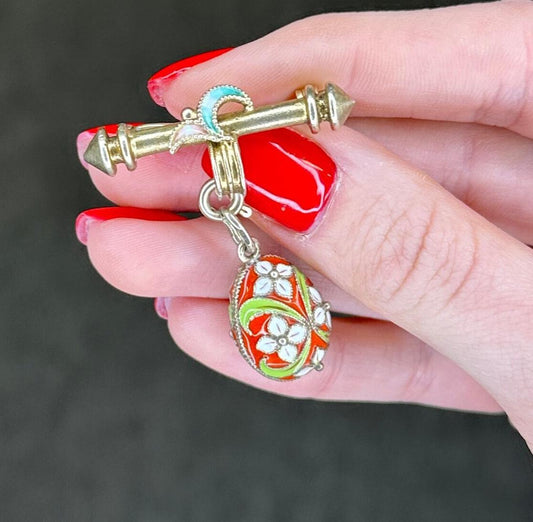 Russian Enamel Egg Sterling Silver Brooch Pendant , Dangle