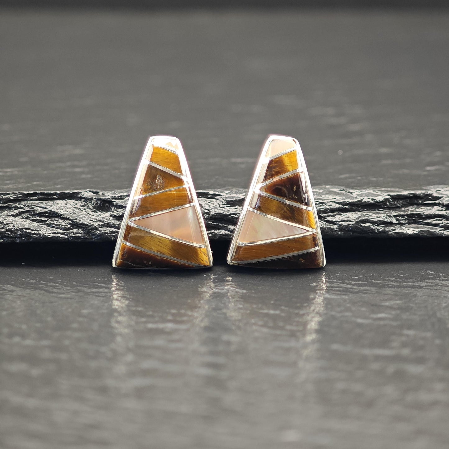 Brown, Translucent Tigers Eye, MOP Geometric, Inlay Stud Earrings Sterling Silver