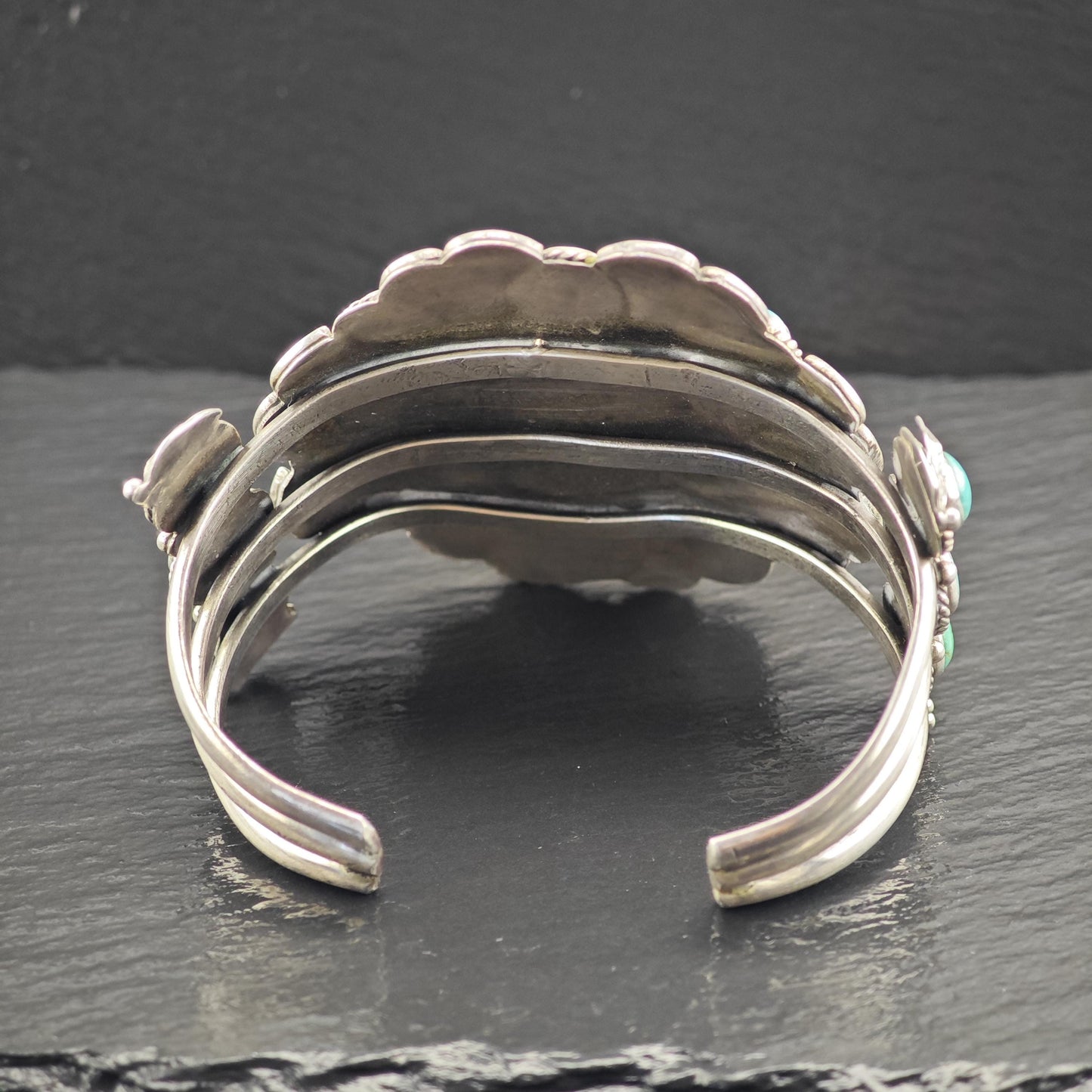 Large Turquoise Floral Cuff Bracelet Native American Sterling Silver