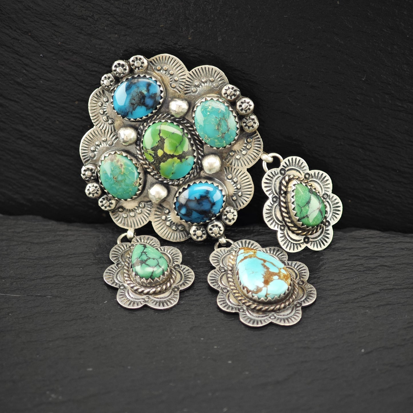 Native American Turquoise Brooch, Floral Stamped Sterling Silver